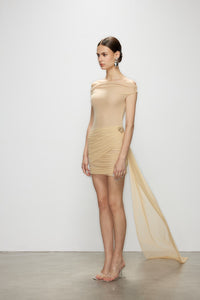 Artel Retro Sheer Nude Off-shoulder Mini  Dress