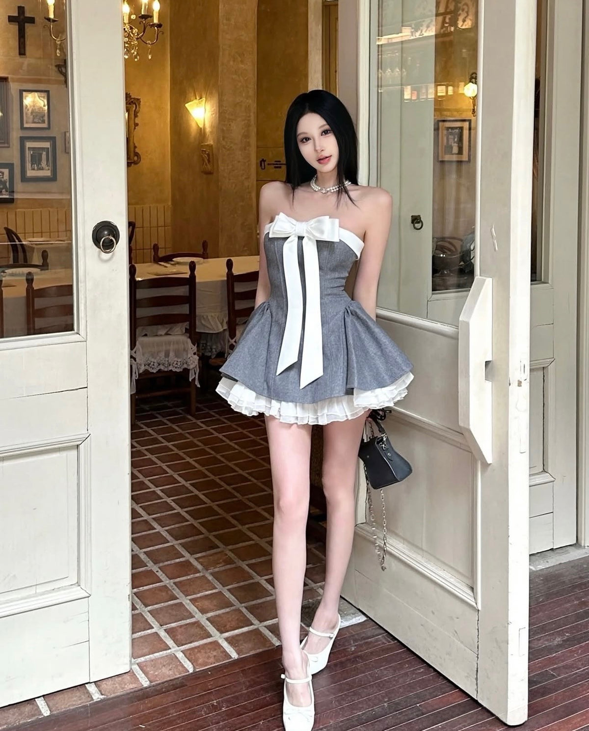 LANE CI Vintage-Style Bowknot Strapless Fit-and-Flare Skirt Set (Grey)