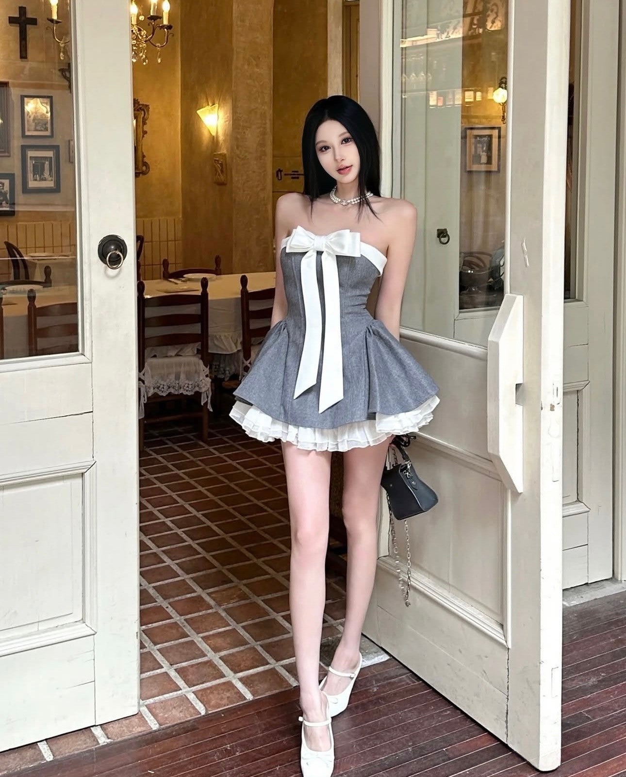 LANE CI Vintage-Style Bowknot Strapless Fit-and-Flare Skirt Set (Grey)