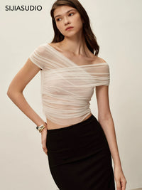 SIJIA白色一字肩褶皱网纱修身T恤