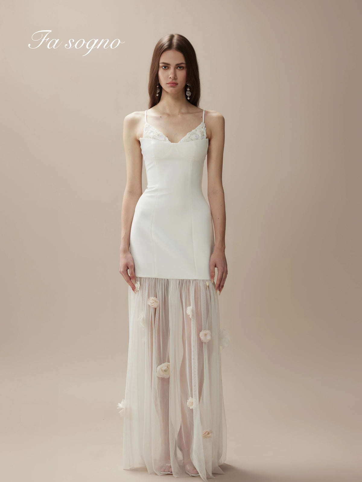 Fa Sogno White Camellia Shadow Formal Tulle Slip Maxi Dress product image 7