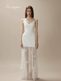 Fa Sogno White Camellia Shadow Formal Tulle Slip Maxi Dress product image 7