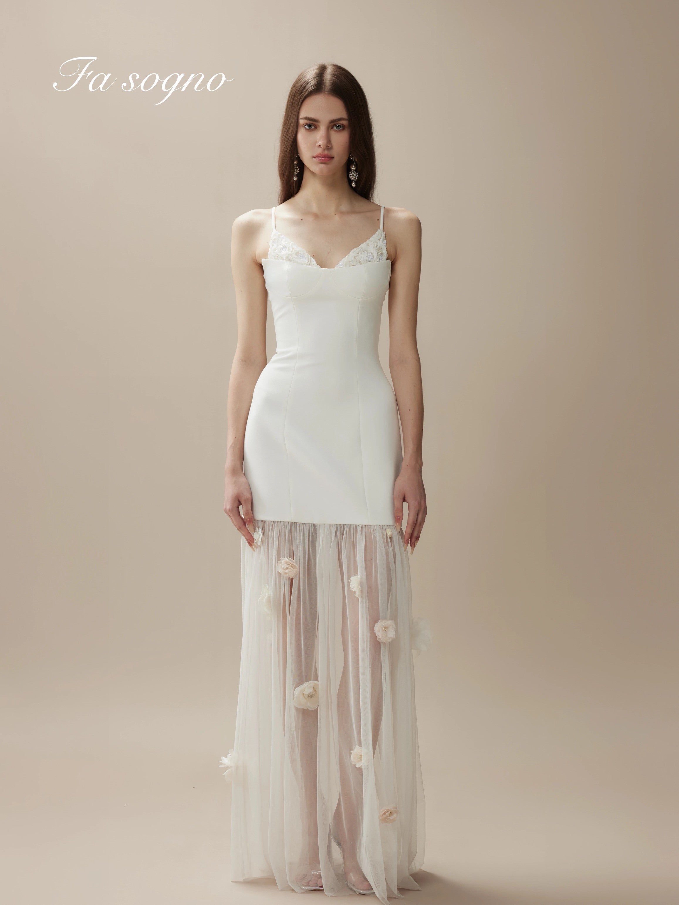 Fa Sogno White Camellia Shadow Formal Tulle Slip Maxi Dress product image 7
