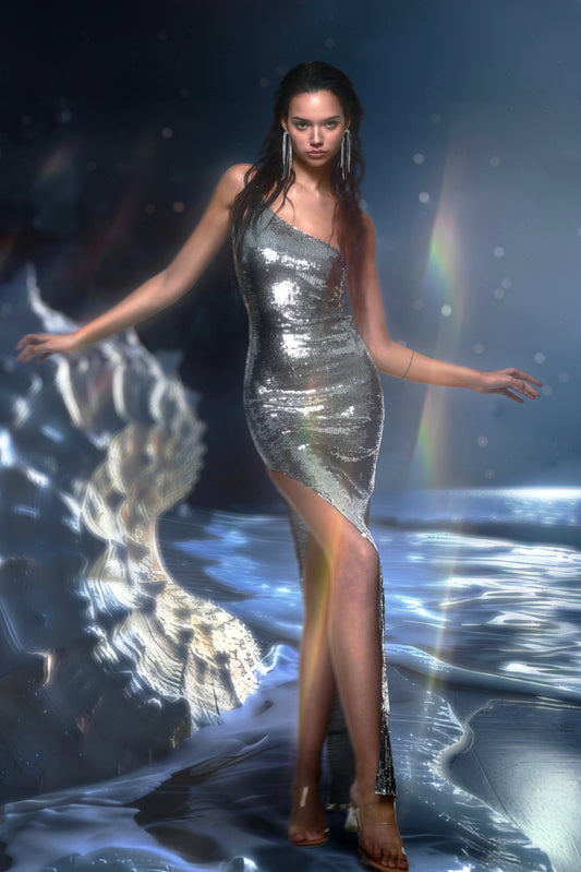 Silver Sequin Asymmetric Neckline Slim Madi Dress