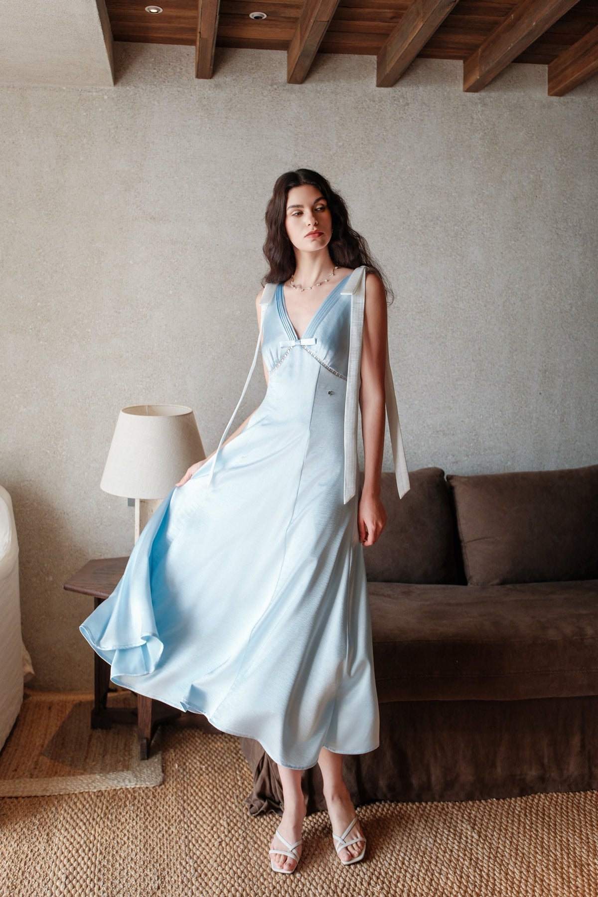 Sheer Luck Peggy Satin French V-Neck Open-Back Dress (Blue)