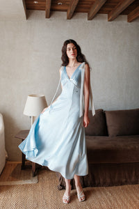 Sheer Luck Peggy Satin French V-Neck Open-Back Dress (Blue)