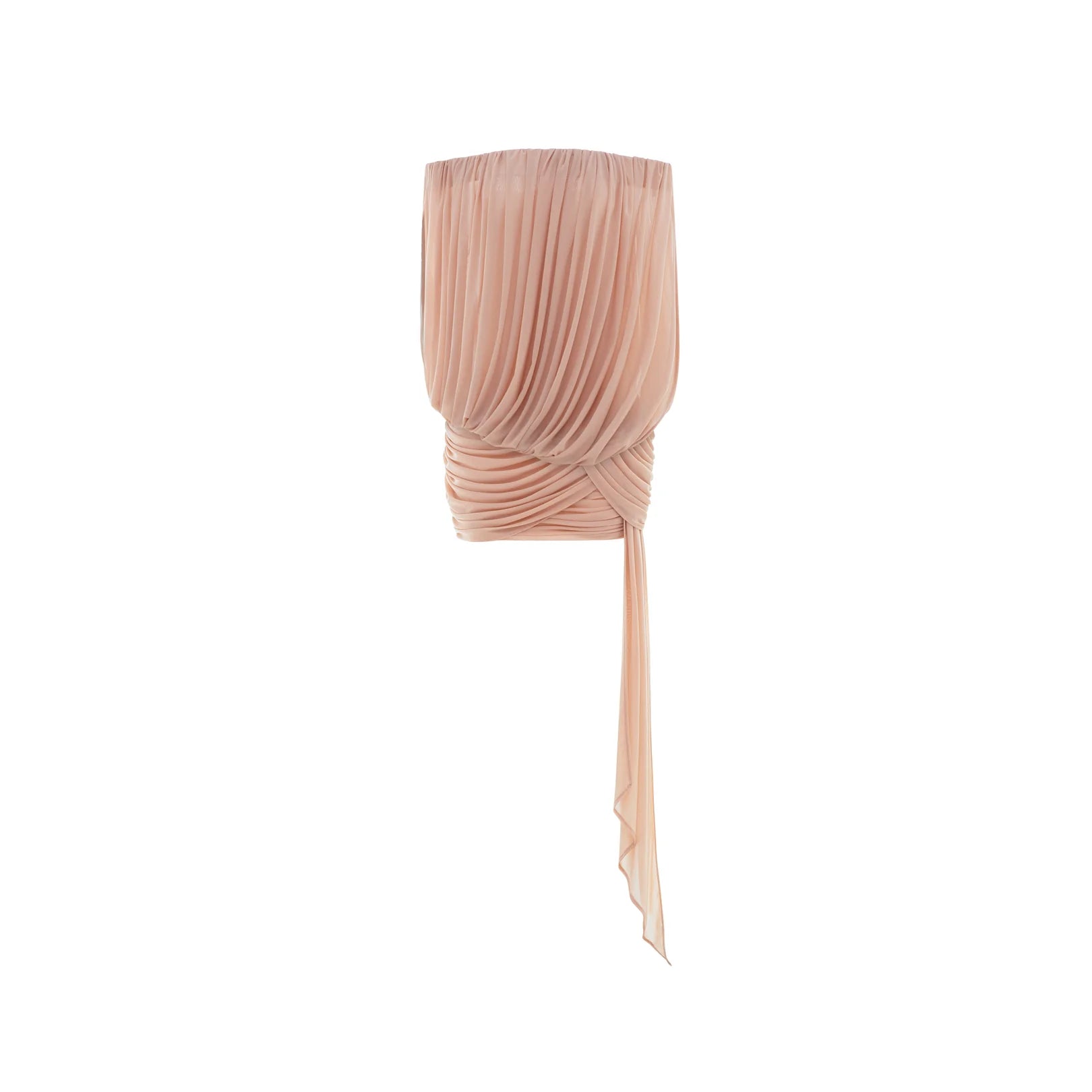 MOLLYNISTA Off-Shoulder Draped Ruched Mesh Mini Dress  With Long Train (peach pink)