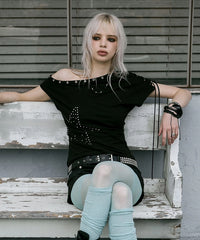 NOTKNOWING One Shoulder Lace Up Top (BLACK)