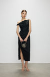 Artel Retro Black Off-Shoulder Long Split-Hem Midi Dress