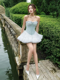 LANE CI Gami: Floral Strapless Fit-and-Flare Dress with Boning (Blue)