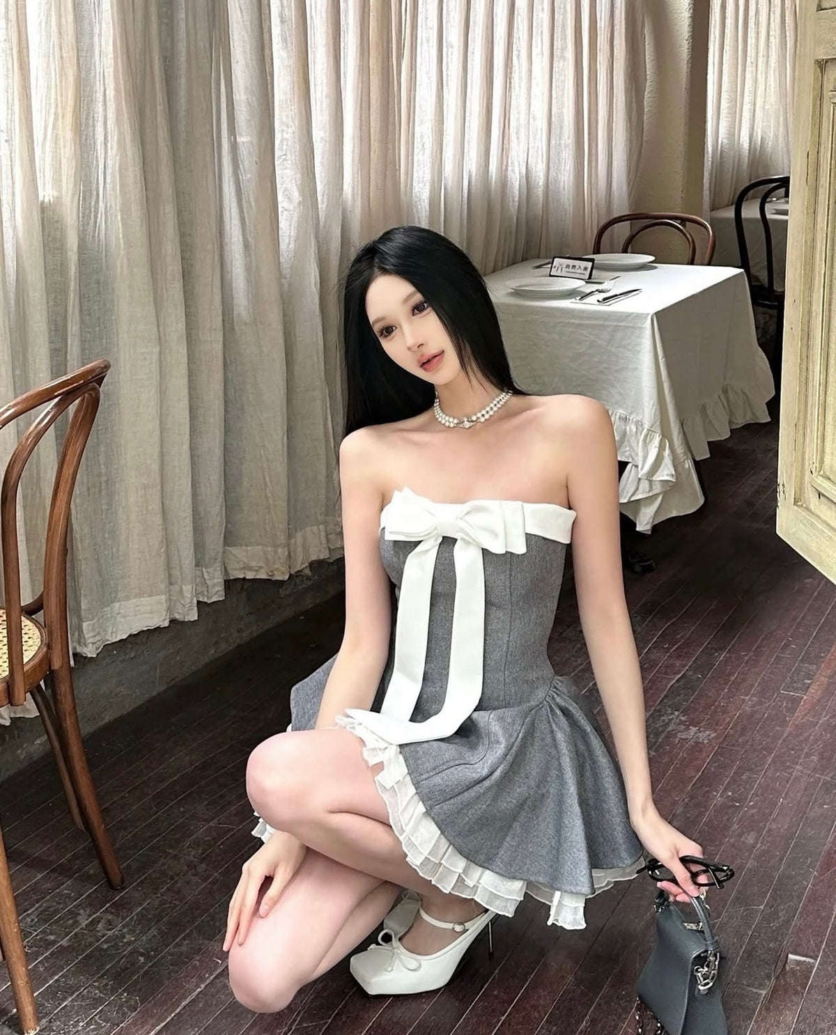 LANE CI Vintage-Style Bowknot Strapless Fit-and-Flare Skirt Set (Grey)