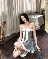 LANE CI Vintage-Style Bowknot Strapless Fit-and-Flare Skirt Set (Grey)