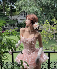 LANE CI粉色少女感立体蝴蝶抹胸甜美蓬蓬裙