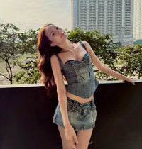 LSOUL Denim Low-Waist Skirt & Strappy Corset Top Set