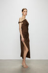 Artel Retro Brown Off-Shoulder Long Split  Midi Dress