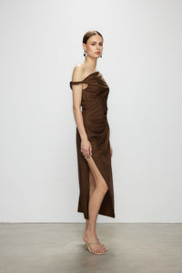 Artel Retro Brown Off-Shoulder Long Split  Midi Dress