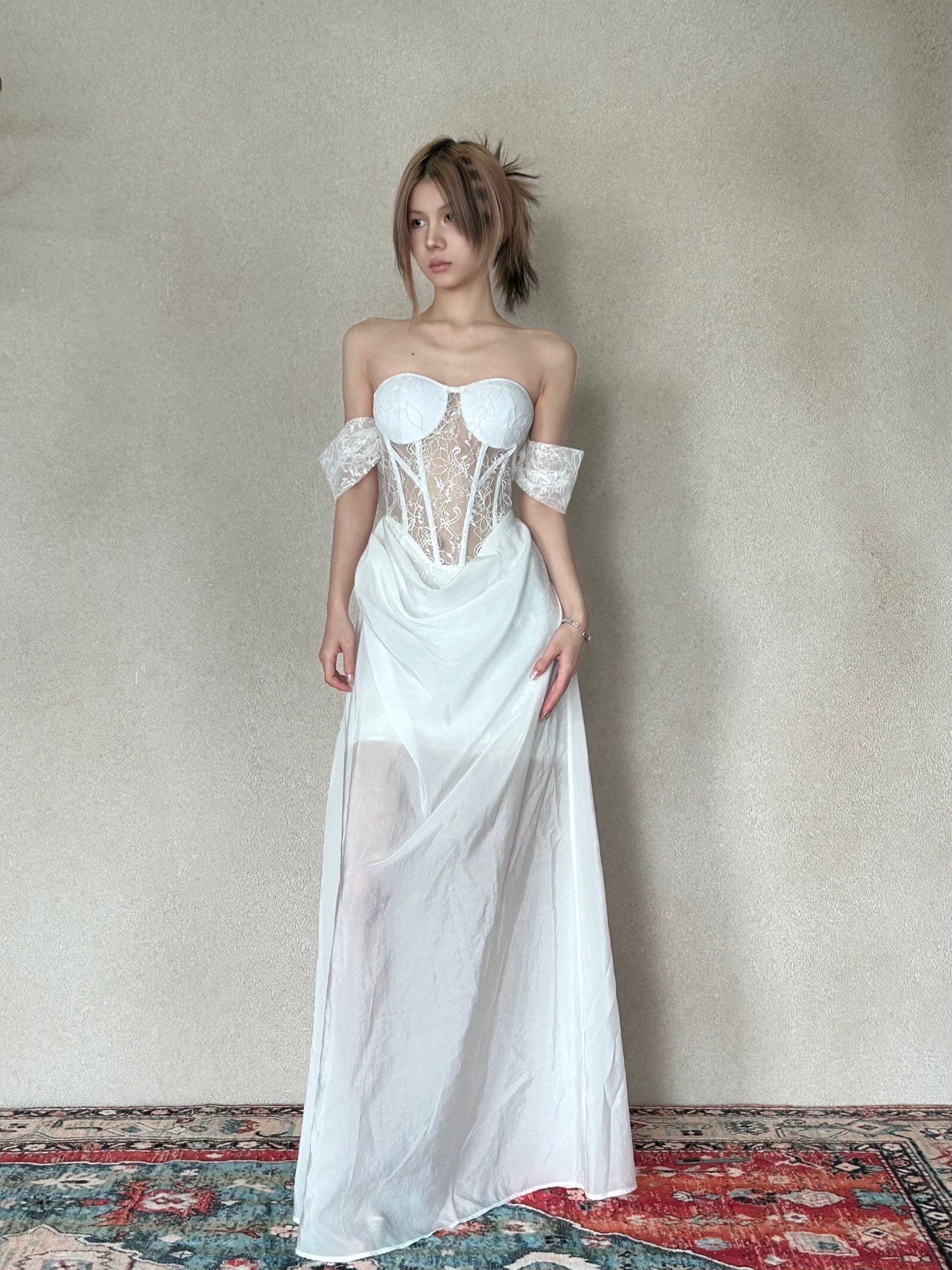 CROWCREW White Mist Fishbone Double-Layer Dress