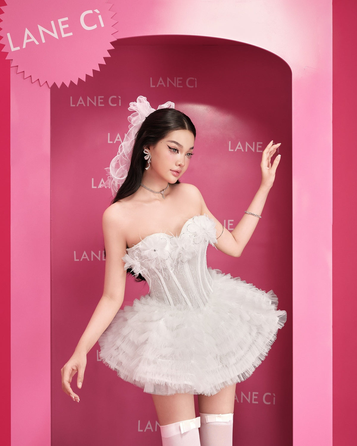 LANE CI Karen White Boned Tube Puff Dress