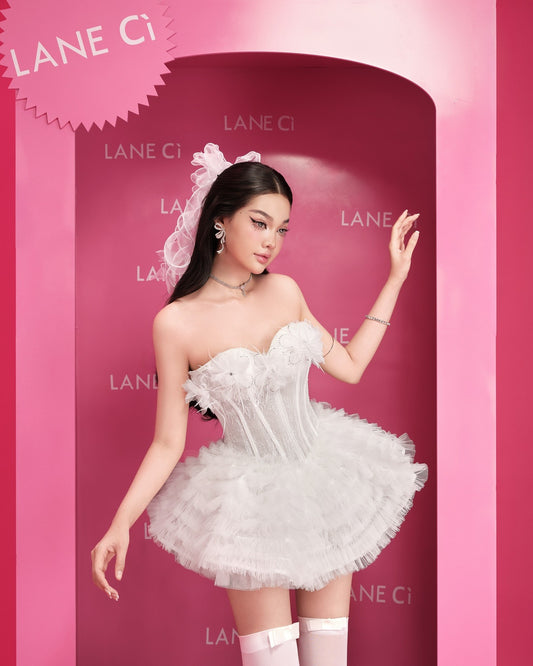 LANE CI Karen White Boned Tube Puff Dress