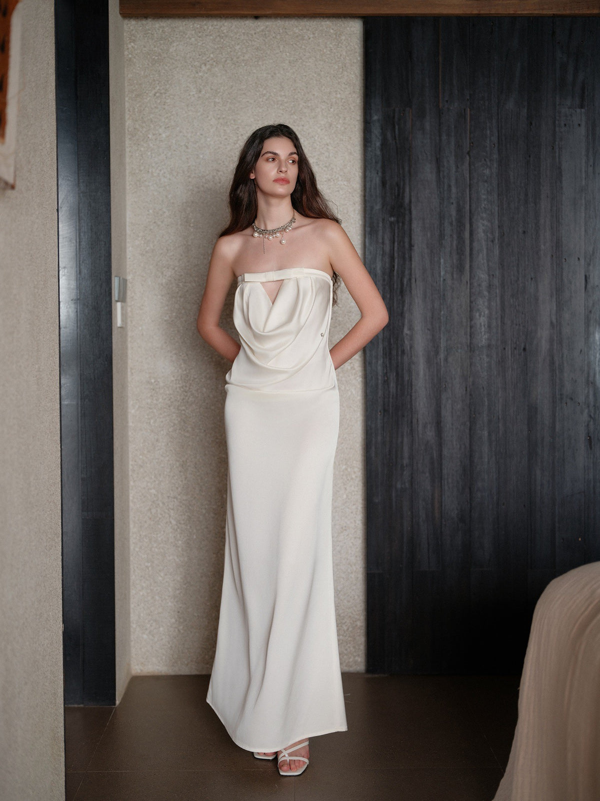 Sheer Luck Aurelia Minimal Bow Open-Back Strapless Dress (White)