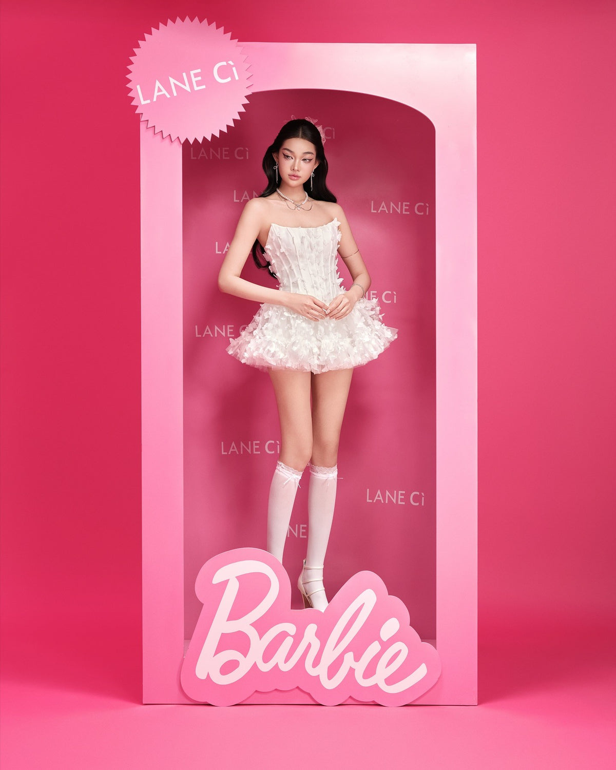 LANE CI Swan White 3D Butterfly Tube Puff Dress