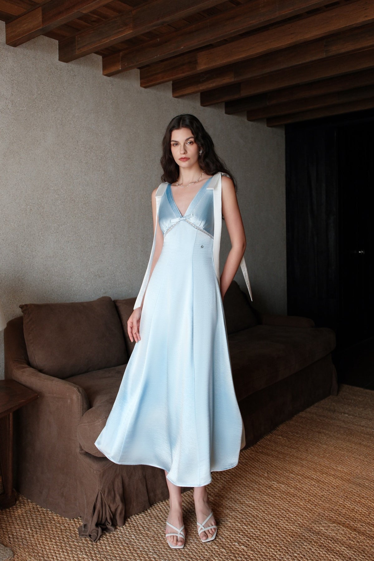 Sheer Luck Peggy Satin French V-Neck Open-Back Dress (Blue)
