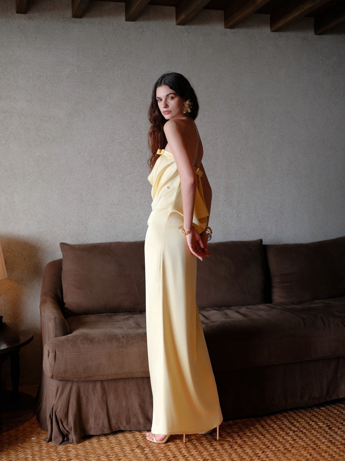 Sheer Luck Aurelia Minimal Bow Open-Back Strapless Dress (Yellow)