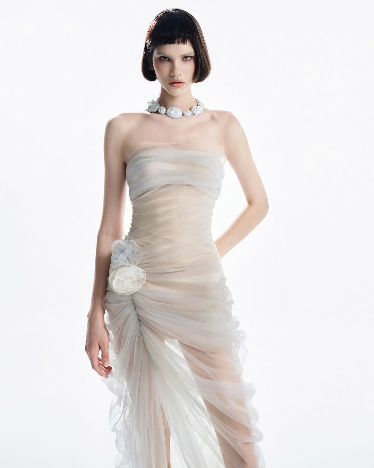 MUST HAVE French Beige Tulle 3D Floral Ruched Strapless Gown