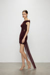 Artel Retro Sheer Deep Red Off-shoulder Mini  Dress