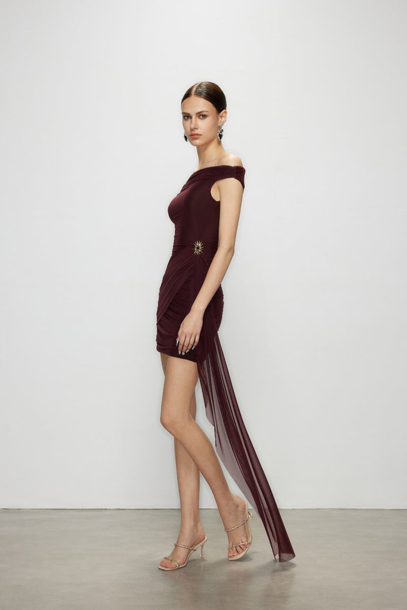 Artel Retro Sheer Deep Red Off-shoulder Mini  Dress