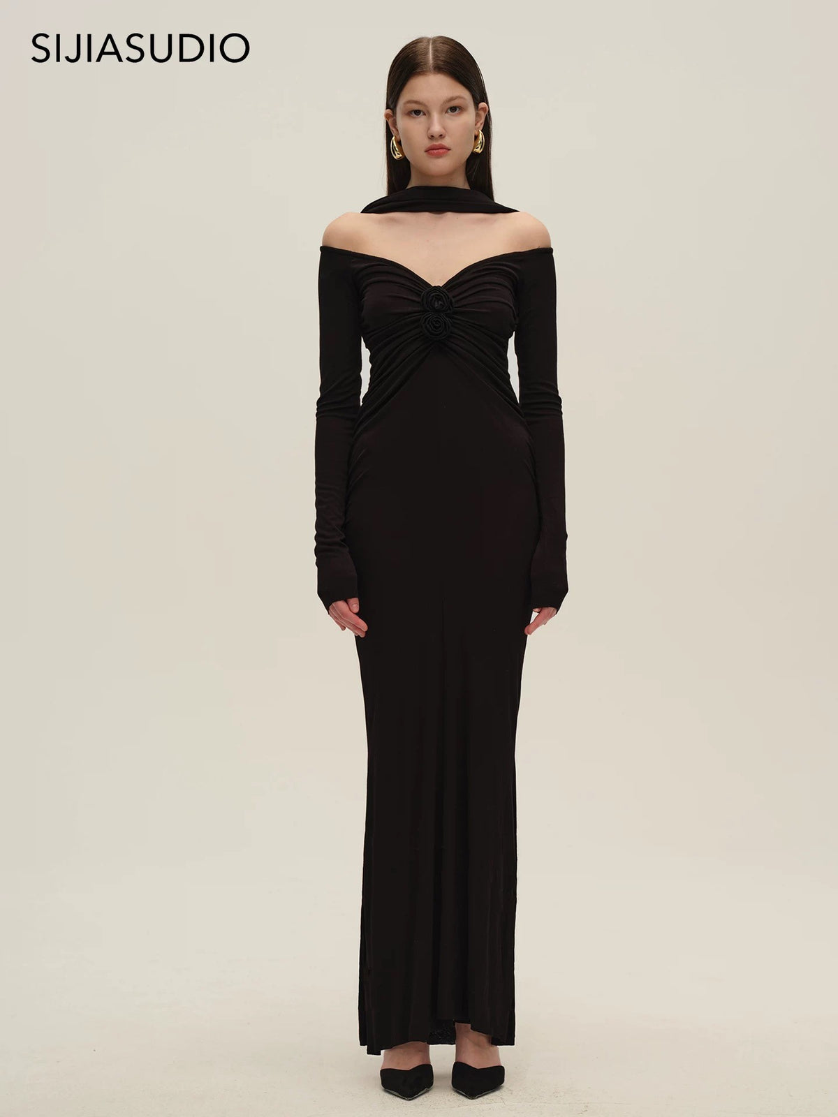 SIJIA 一字肩挂脖连衣裙（黑）