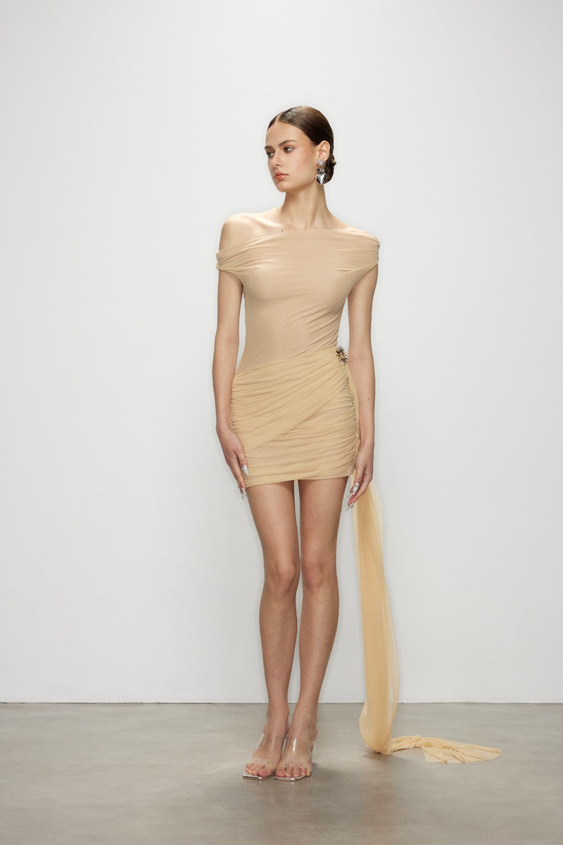 Artel Retro Sheer Nude Off-shoulder Mini  Dress