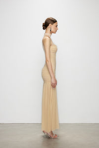 Artel Retro Halter Beige Mesh Midi Dress