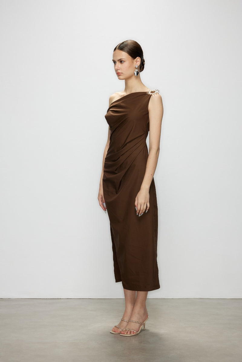 Artel Retro Brown Off-Shoulder Long Split  Midi Dress