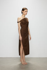 Artel Retro Brown Off-Shoulder Long Split  Midi Dress