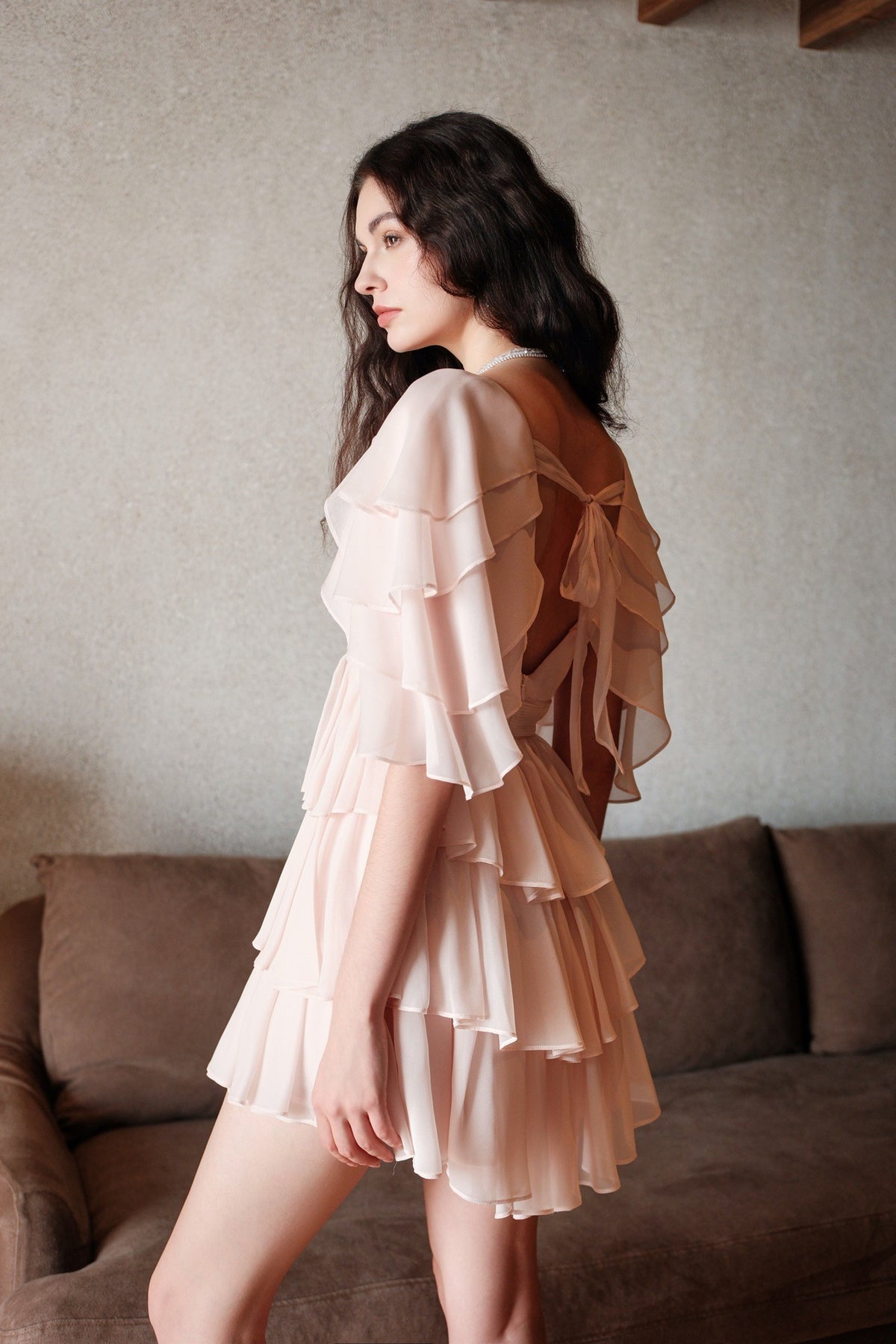 Sheer Luck Levette Chiffon V-Neck Cinched-Waist Flowing Dress (Pink)