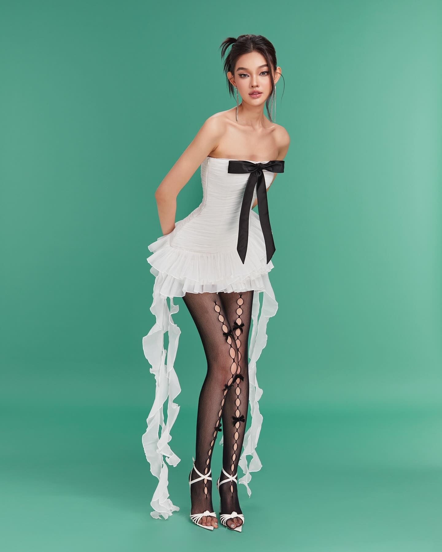 LANE CI Camella White Ribbon Ruffle Tube Dress