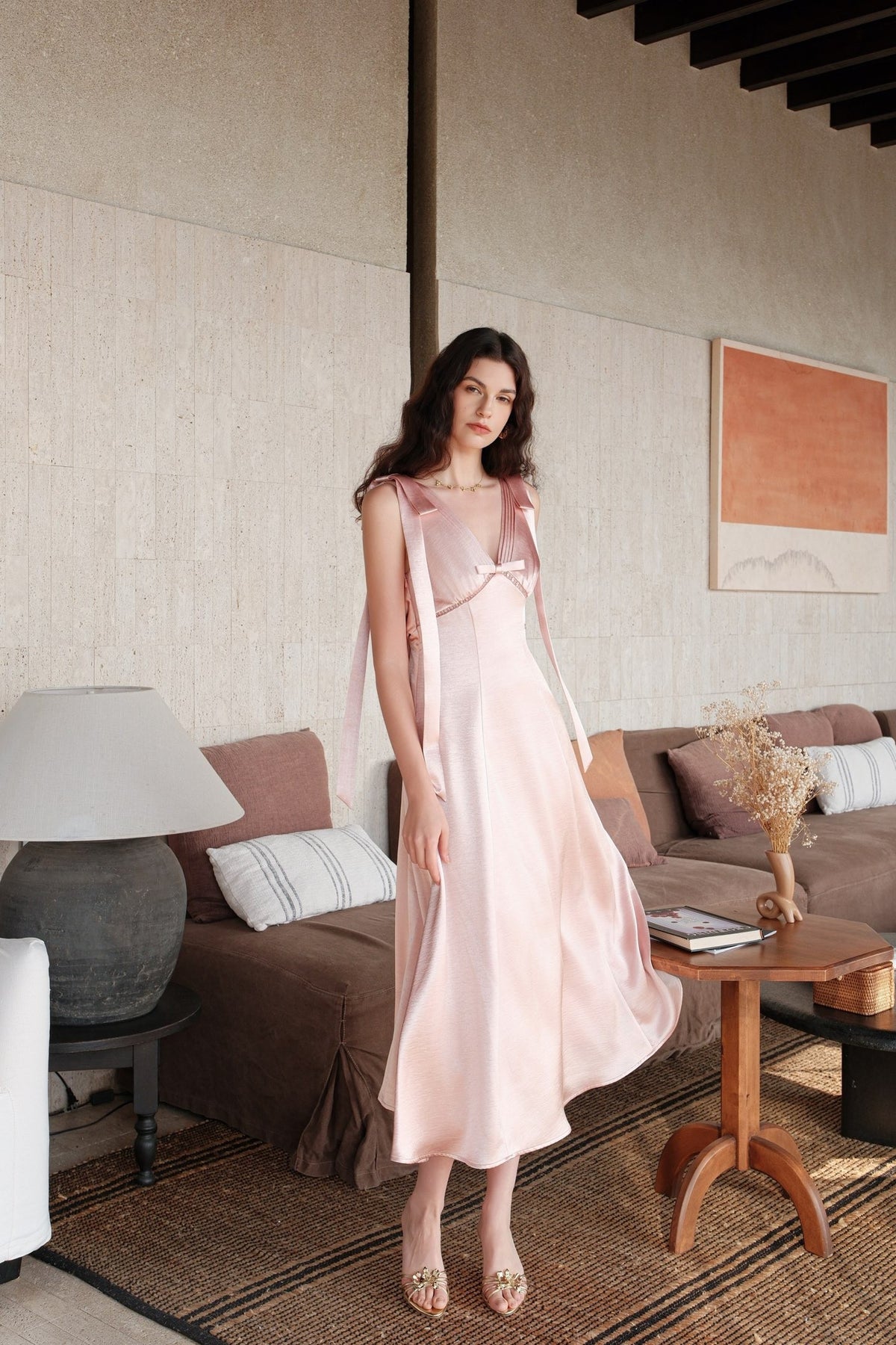 Sheer Luck Peggy Satin French V-Neck Open-Back Dress (Pink)