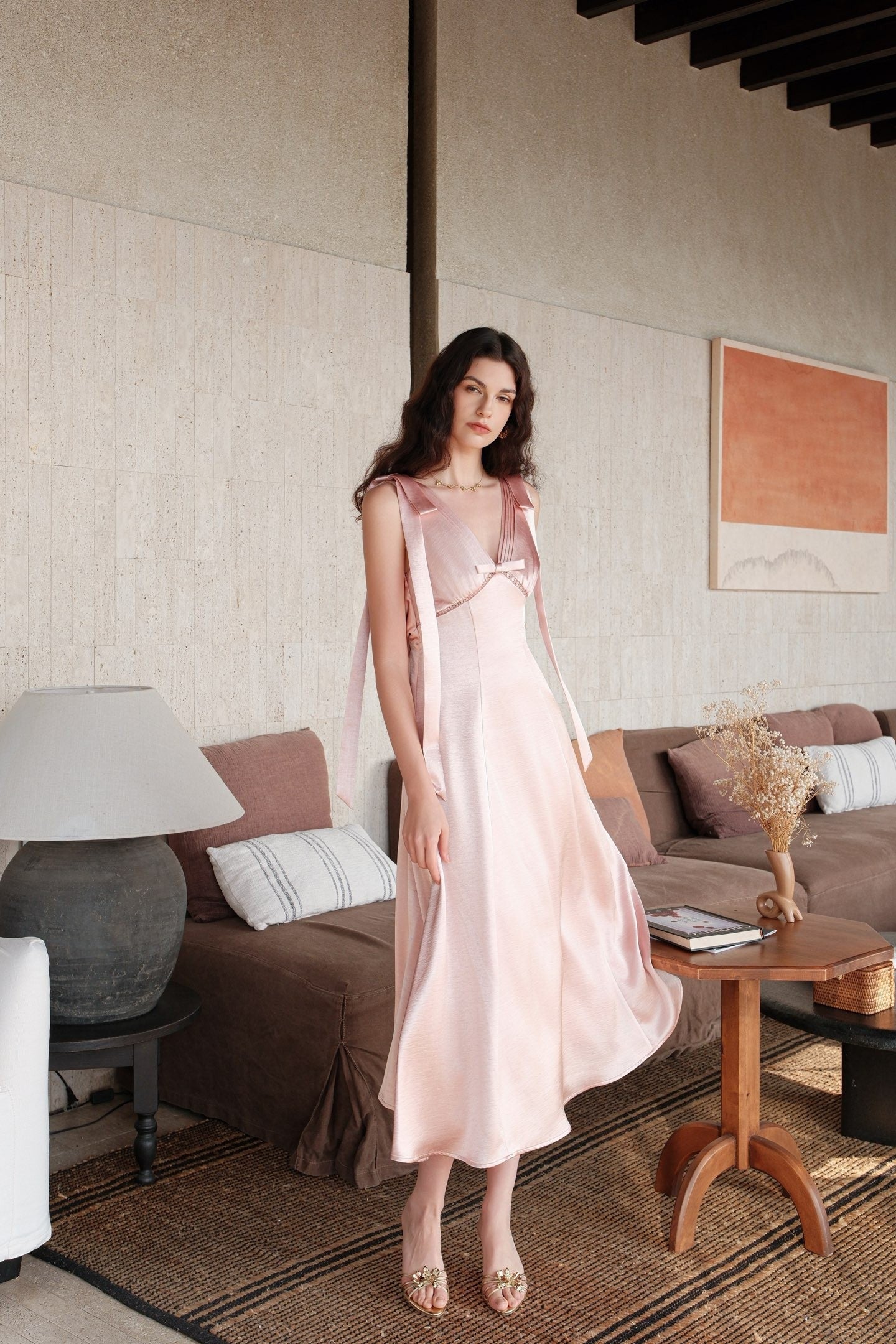 Sheer Luck Peggy Satin French V-Neck Open-Back Dress (Pink)