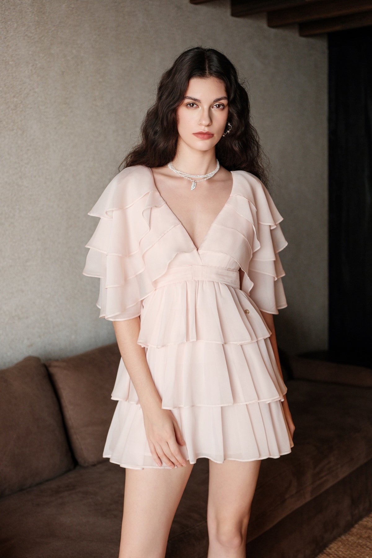 Sheer Luck Levette Chiffon V-Neck Cinched-Waist Flowing Dress (Pink)