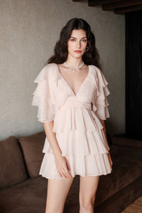 Sheer Luck Levette Chiffon V-Neck Cinched-Waist Flowing Dress (Pink)