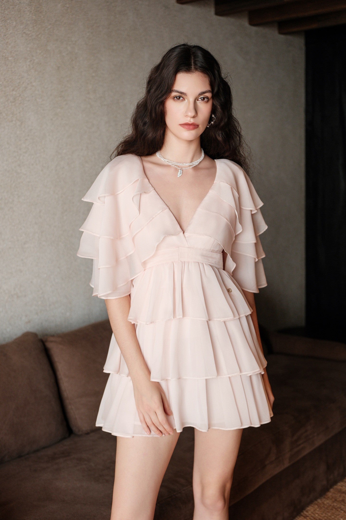 Sheer Luck Levette Chiffon V-Neck Cinched-Waist Flowing Dress (Pink)
