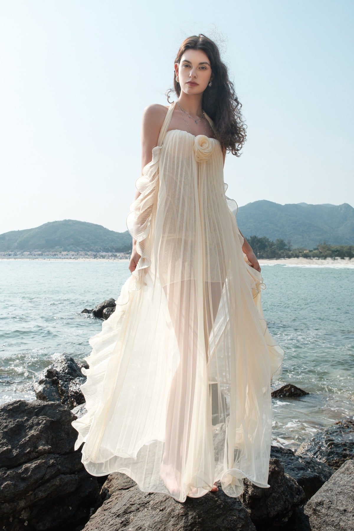 Sheer Luck Thessa Beige Apricot Mesh Halter Tube Dress