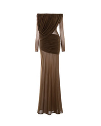 MOLLYNISTA Off-Shoulder Draped Mesh Dress (brown)