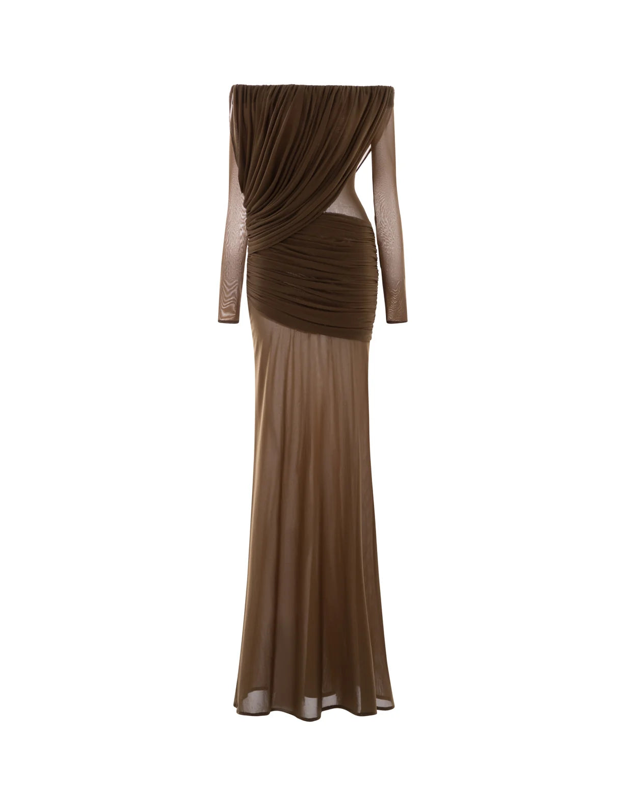 MOLLYNISTA Off-Shoulder Draped Mesh Dress (brown)