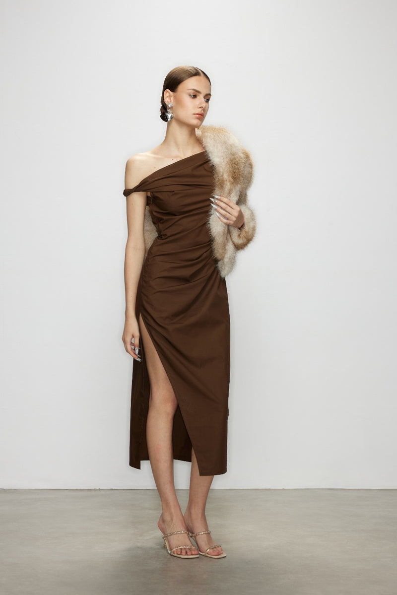 Artel Retro Brown Off-Shoulder Long Split  Midi Dress