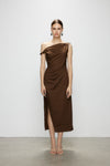 Artel Retro Brown Off-Shoulder Long Split  Midi Dress