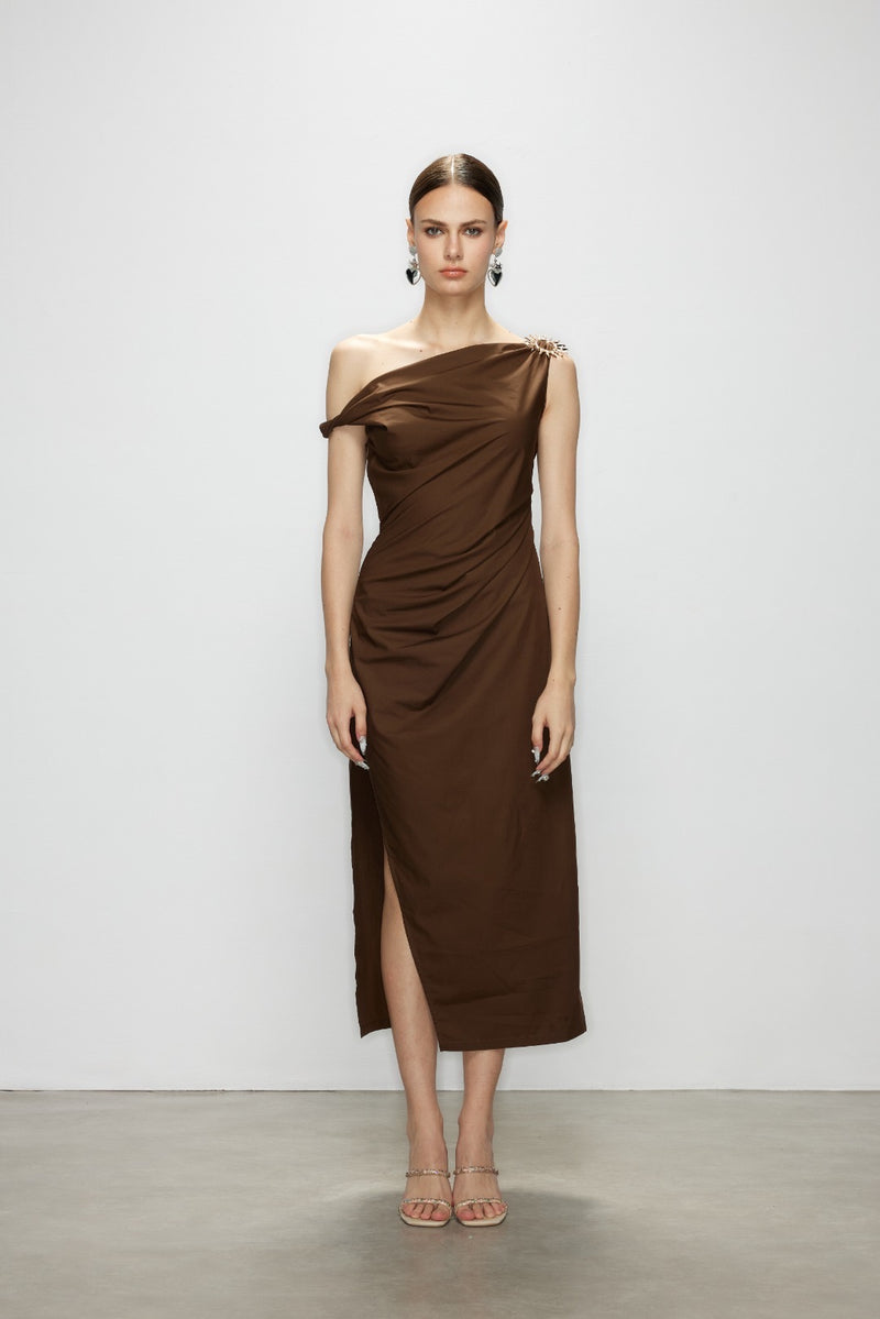 Artel Retro Brown Off-Shoulder Long Split  Midi Dress