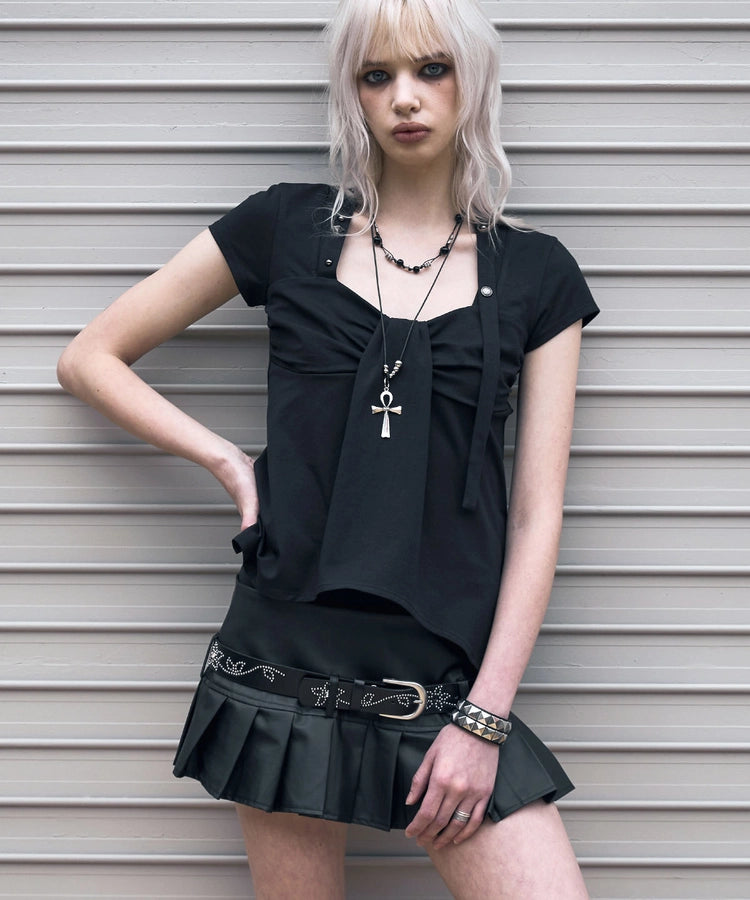 NOTKNOWING Ribbon Drape Stud Top (BLACK)