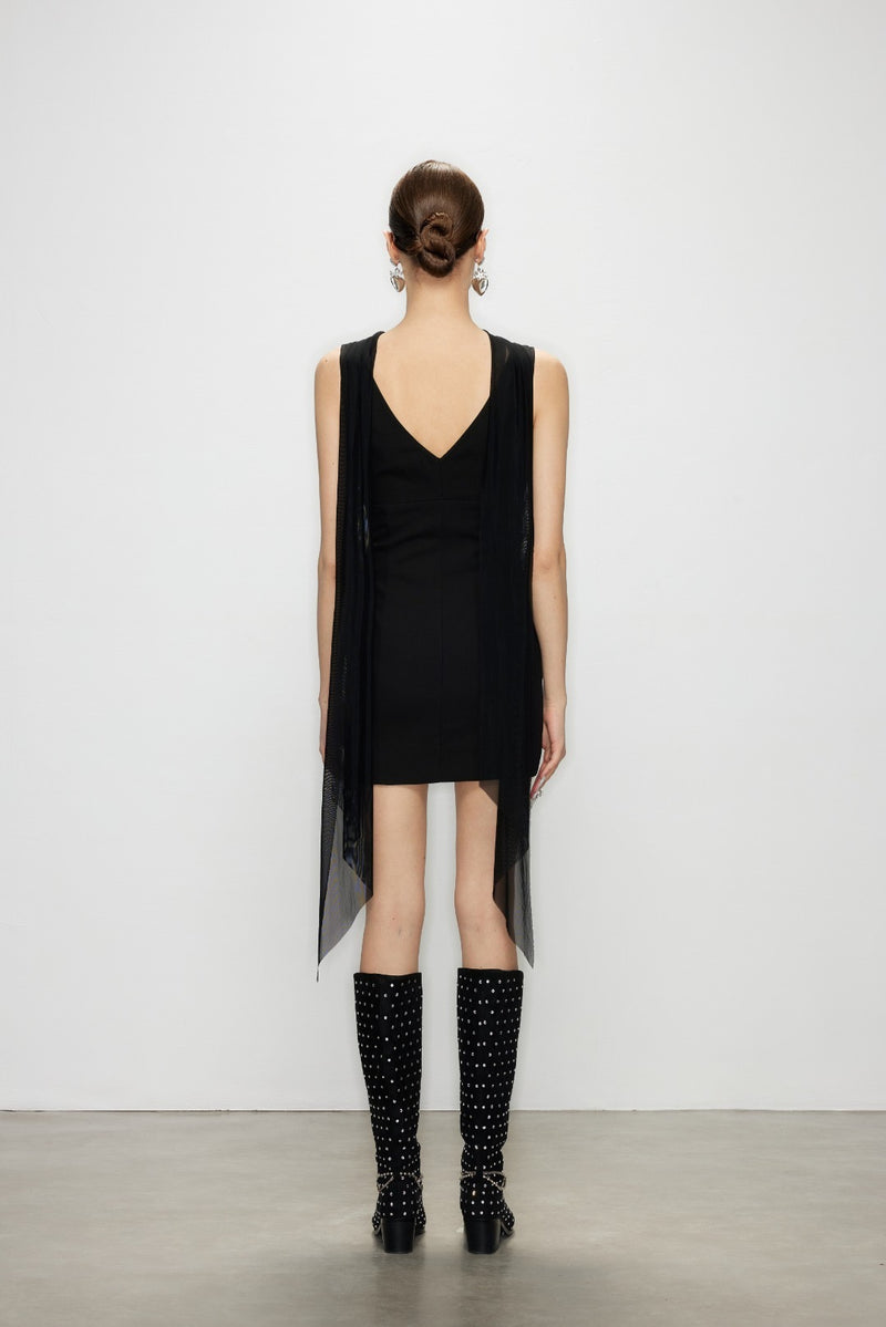 Artel Retro Sheer Black Ribbon V-Neck Fitted Dress